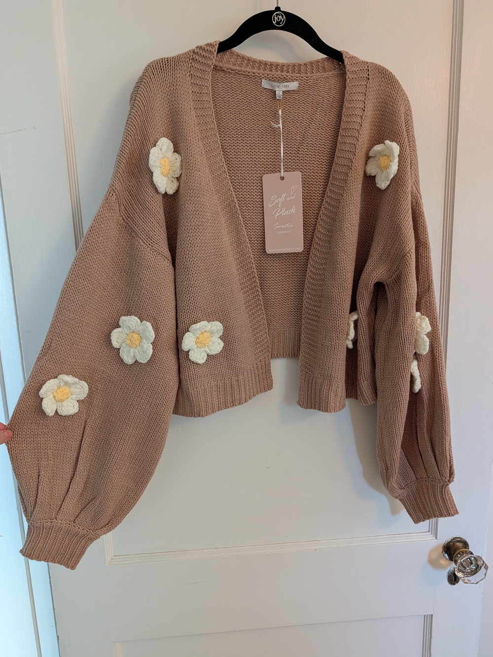 Love Tree Tan Cropped Cardigan with Daisy AppliquΓ©s